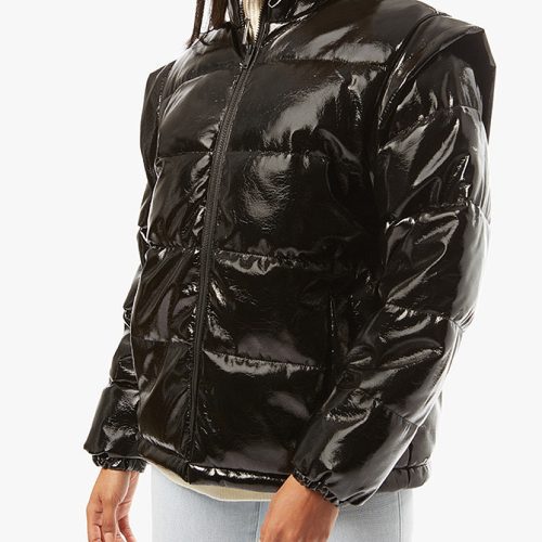 Snap Off Sleeve Puffer Jacket Shiny Faux Leather Black WWT48 2 0642