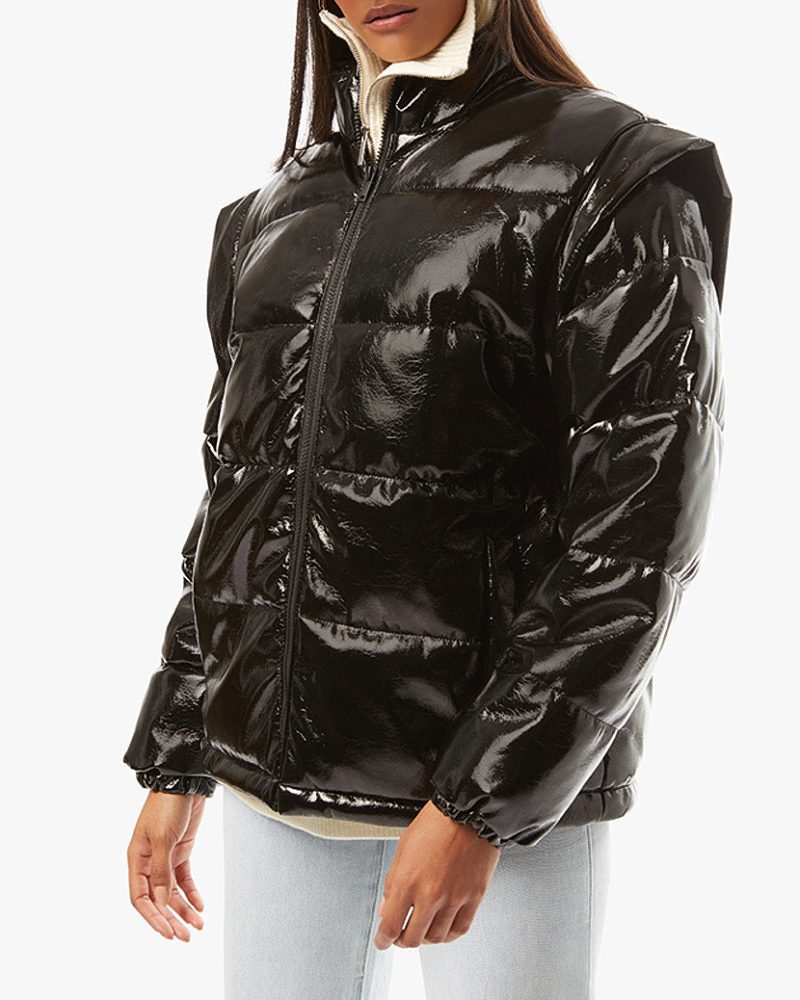 Snap Off Sleeve Puffer Jacket Shiny Faux Leather Black WWT48 2 0642