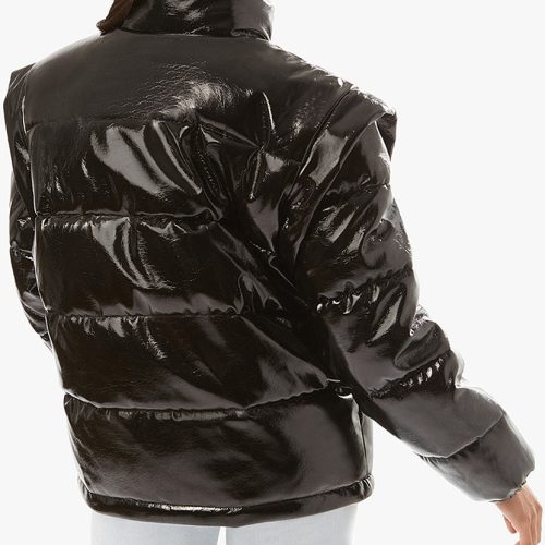 Snap Off Sleeve Puffer Jacket Shiny Faux Leather Black WWT48 2 0650