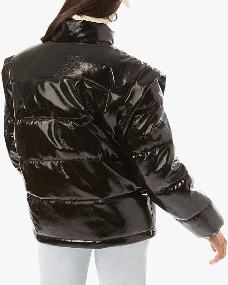 Snap Off Sleeve Puffer Jacket Shiny Faux Leather Black WWT48 2 0650