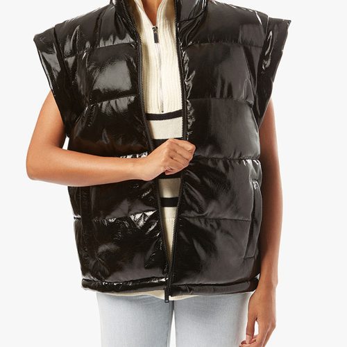 Snap Off Sleeve Puffer Jacket Shiny Faux Leather Black WWT48 2 0673