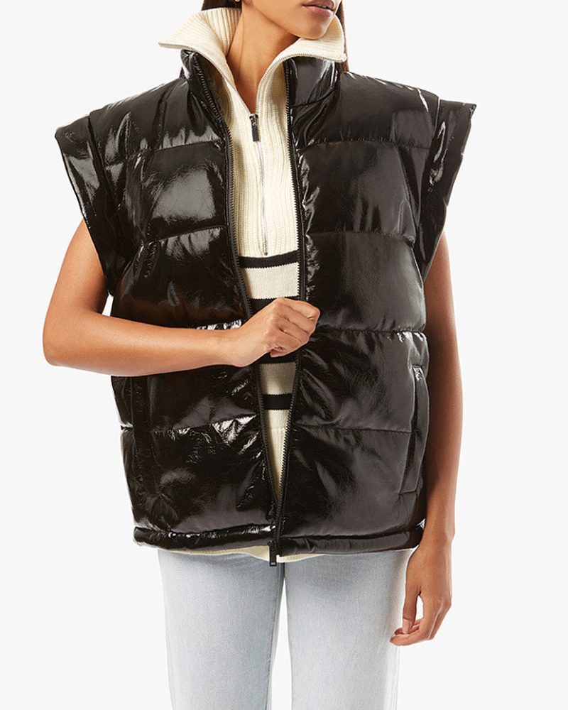 Snap Off Sleeve Puffer Jacket Shiny Faux Leather Black WWT48 2 0673