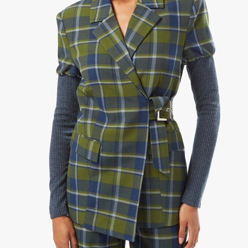 WWW Fall 22 RTW Ecommerce Shoot Rib Sleeve Blazer Low Rise V Pant Classic Plaid French Navy Rib WWT15 2 WWB23 24553