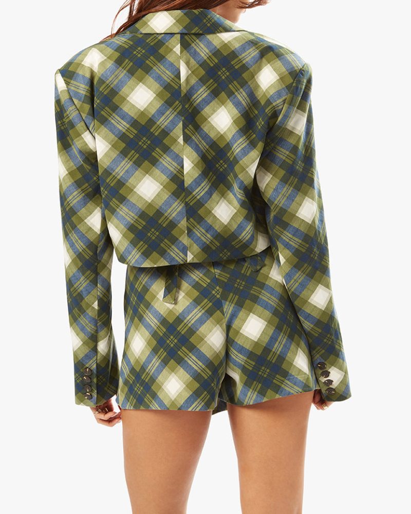 WWW Fall 22 RTW Ecommerce Shoot Tie Back Wrap Top Faux Wrap Mini Skirt Vintage Plaid Blazer WWT17 24855