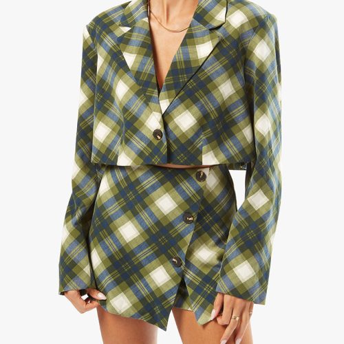 WWW Fall 22 RTW Ecommerce Shoot Tie Back Wrap Top Faux Wrap Mini Skirt Vintage Plaid Blazer WWT17 24859