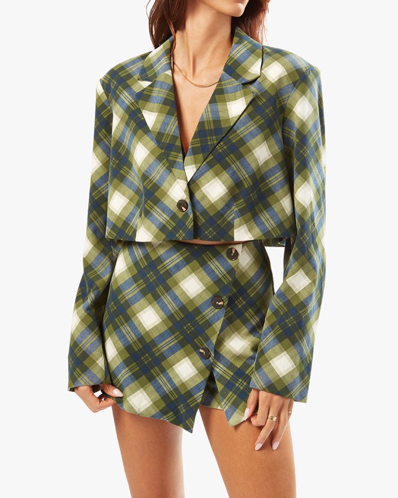 WWW Fall 22 RTW Ecommerce Shoot Tie Back Wrap Top Faux Wrap Mini Skirt Vintage Plaid Blazer WWT17 24859