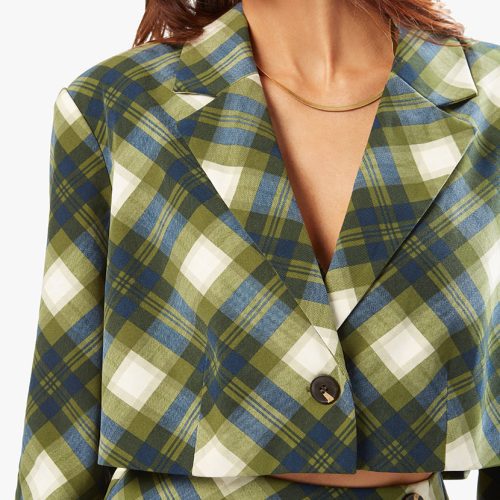 WWW Fall 22 RTW Ecommerce Shoot Tie Back Wrap Top Faux Wrap Mini Skirt Vintage Plaid Blazer WWT17 24861