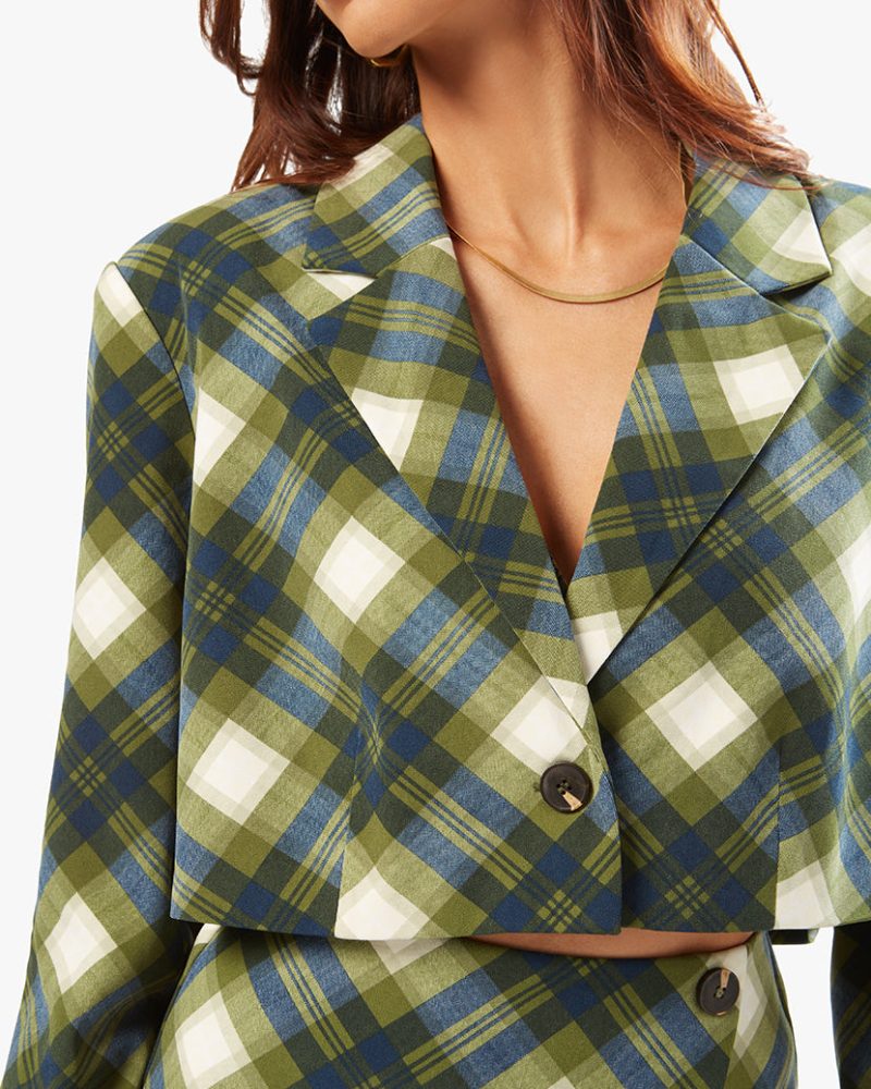 WWW Fall 22 RTW Ecommerce Shoot Tie Back Wrap Top Faux Wrap Mini Skirt Vintage Plaid Blazer WWT17 24861